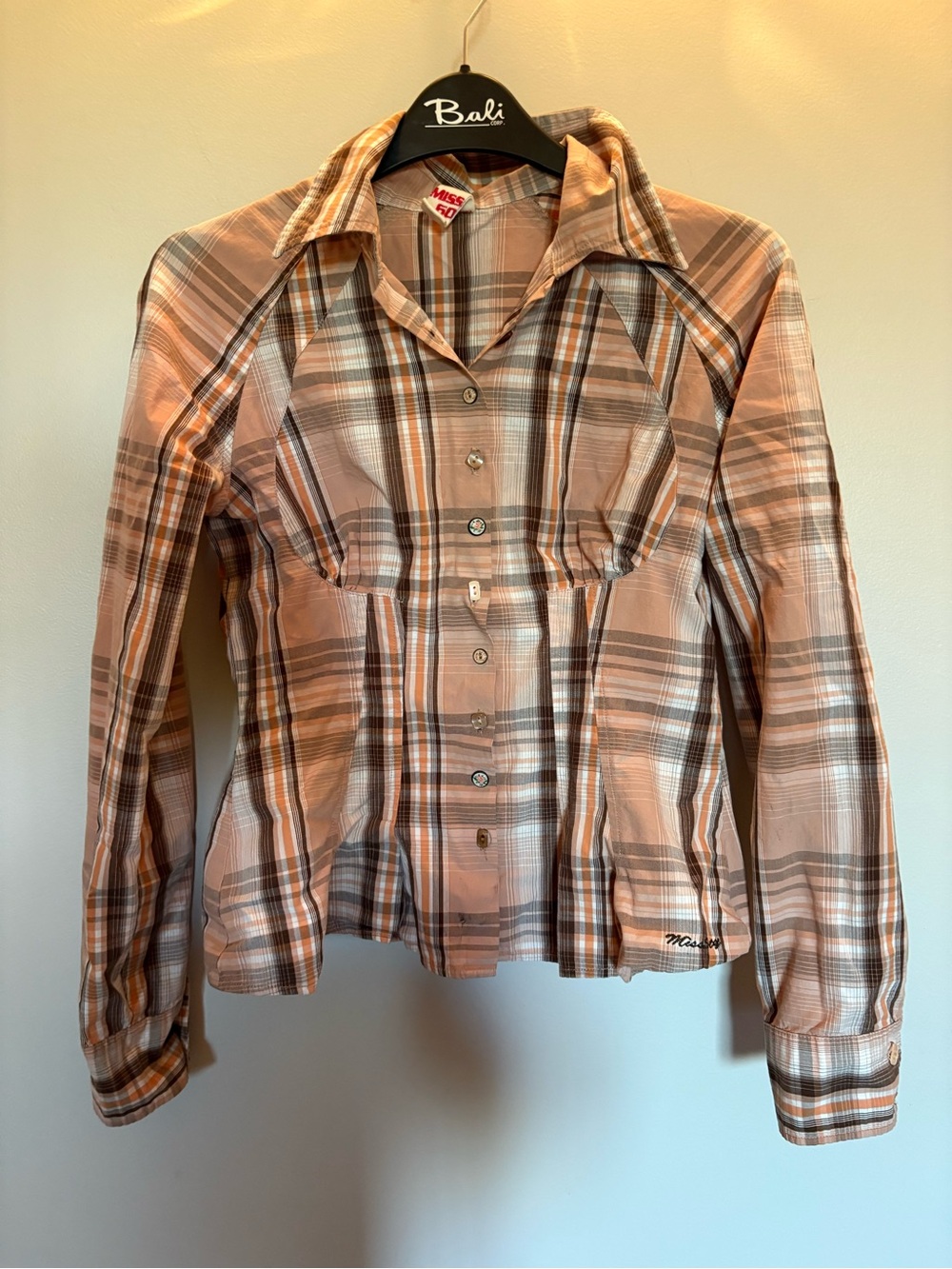 Miss Sixty Plaid Button-Up Top in Peach, Brown and Cream